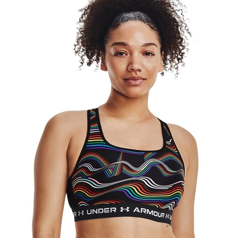 Under Armour Pride Sports Bra Cross Back Black and Rainbow Abstract Size 1XL